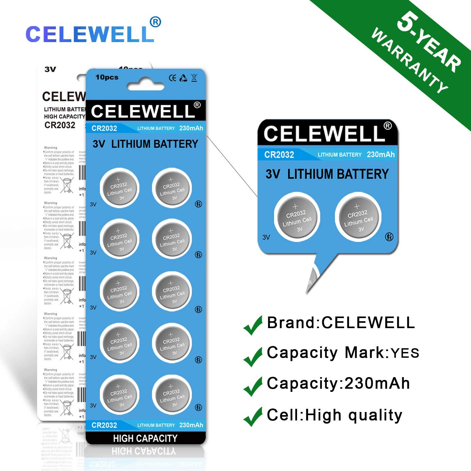 CELEWELL CR1220 5-Pack 3V Lithium Battery 40mAh for LED  Light/Bracelet/Flashlight【5-Year Warranty】